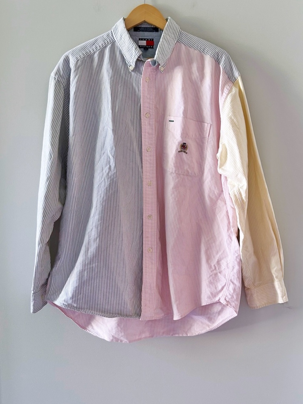 Tommy Hilfiger Color Block Stripe Button Up Shirt Mens Large Pastel 100% Cotton